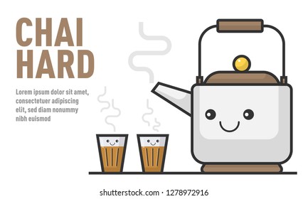 Vector illustration of Tea Pot and Tea Glasses. Indian Chai Kettle and Chai glasses. Chai Ad concept