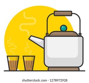 Vector illustration of Tea Pot and Tea Glasses. Indian Chai Kettle and Chai glasses. Cutting Chai Concept