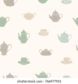 Vector illustration. Tea pots, cups and sugar bowls seamless pattern. Paper background. Fabric print.