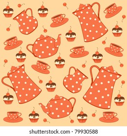 Vector illustration with tea set and cakes.