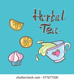 vector illustration with tea set on blue background