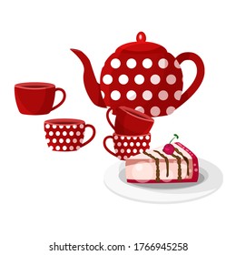 Vektorgrafik. Ein Teeservice. Ein Teekanne mit Tassen in Rot mit einem Punktmuster aus Polka und einem Kuchen auf einem Teller. Teeparty-Konzept.