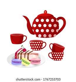 Vector illustration. A tea set. A teapot with cups in red with a polka dot pattern and a cake  with cookies on a plate. Tea party concept.