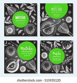 Vector illustration for Tea Shop. Vintage card collection. Japanese traditions of tea ceremony. Matcha tea banner set. Vintage elements for design. 