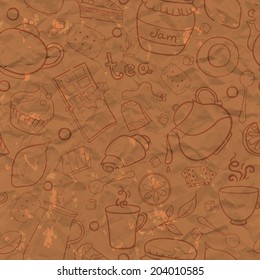 Vector illustration with tea and sweets elemements on old paper background