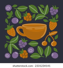 Vector illustration of tea. A teacup surrounded by tea leaves and berries.