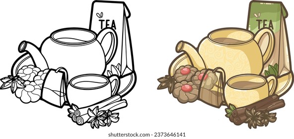 vector illustration Tea time with biscuits, green tea, cinnamon rolls - Illustration for kids books, recipes,  gift card, menu - Kawaii style dessert and cake, restaurant, cafe shop