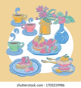 Vector illustration of tea time, dessert, cake, strawberry cake, coffee tea and table flowers