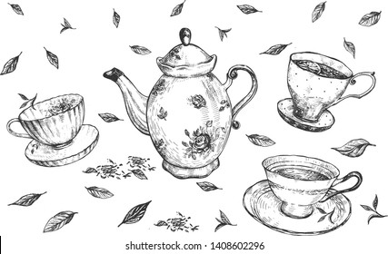 Vector illustration of tea time levitating still life set. Elegant porcelain cups and teapot surrounded by leaves. Vintage hand drawn style.
