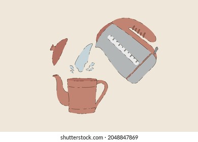 Vector illustration of Tea time. A picture of the process of brewing tea. Brewing tea in a teapot. Hot water. Have a nice tea party. Vector illustration
