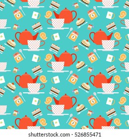 Vector illustration tea time seamless pattern with tea pot and cups and sweets