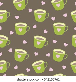 Vector illustration tea time seamless pattern.Seamless pattern brown mug with coffee cup. Coffee background.  Vector background.