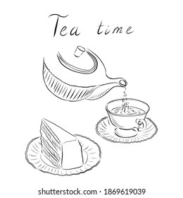 Vector illustration of tea time. A set of tea items. Black and white drawing, Doodle.