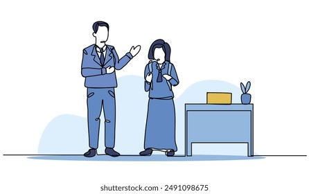 Vector illustration of the teacher advises students who are late.Modern flat in continuous line style.