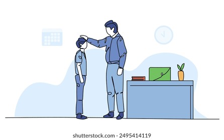 Die Vektorillustration eines Lehrers berät die Schüler. Moderne Wohnung im durchgehenden Linienstil.