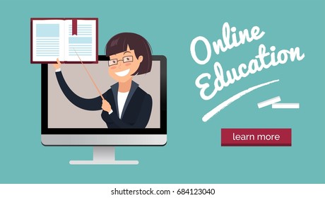 Vector illustration of teacher with book on laptop screen. Online education concept.