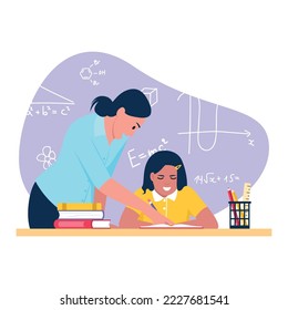 Vector illustration of teacher. Cartoon scene with teacher and girl doing math, blackboard with different formulas, books on white background.