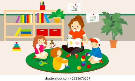 Ilustración vectorial de un profesor y niños jugando juntos en el aula.