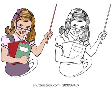 Vector illustration, teacher, coloring drawing, card concept, white background.