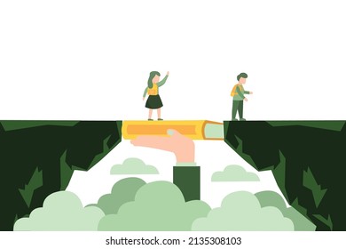 Vector illustration of the teacher hand holding a book as a bridge for students to study. a teacher's struggle, educator's sincerity. Flat design for website, banner and flyer.