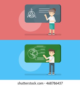 Vector illustration of teacher at the lesson of geometry and geography. Back to school concept. 