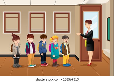 A vector illustration of teacher lining up the students in front of the classroom