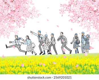 Vector illustration of a teacher and male and female students jumping with a megaphone under a cherry blossom tree - People vector illustration