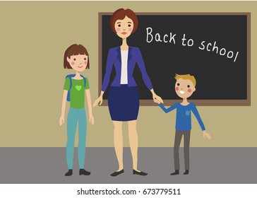 Vector illustration with teacher and pupils in classroom. A woman is a teacher, a boy and a girl, a blackboard with the inscription "Back to school". First of September, study, school.