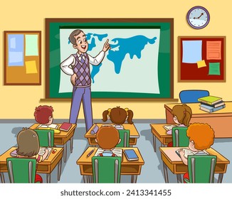 vector illustration of teacher and pupils in school class education 