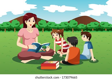 A vector illustration of teacher reading book to preschool kids in the park