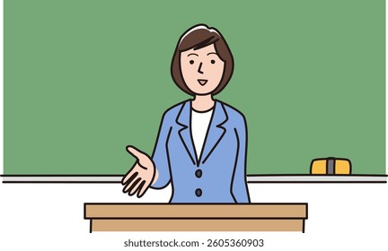 Vector illustration of a teacher speaking in front of a blackboard