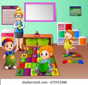 Vector illustration of Teacher and student in the kindergarten classroom