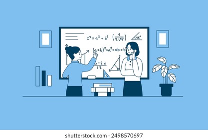 Vector illustration of a teacher and a student standing near the board. The student solves math problems. The teacher helps students learn the material well. Interior of a math classroom.