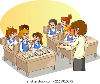 vector illustration of teacher and students in classroom