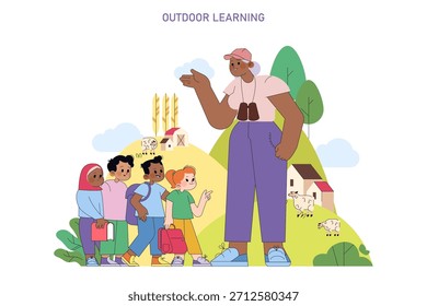 Ilustración vectorial de un profesor con estudiantes que participan en el aprendizaje al aire libre. La escena representa la interacción y la educación en un paisaje natural, fomentando la curiosidad y la exploración.