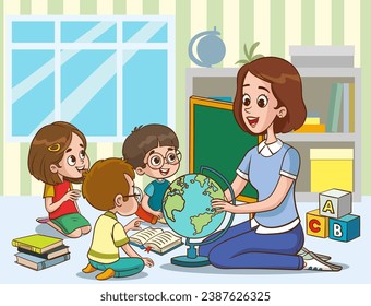 vector illustration of teacher and students having a lesson together