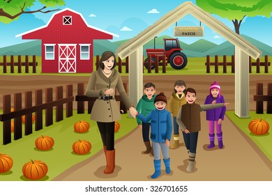 A vector illustration of Teacher with Students on a Pumpkin Patch Trip in autumn or fall season