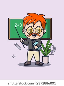 vector illustration of a teacher teaching by pointing at the blackboard while holding a book, ornamental plants beside him. profession icon concept