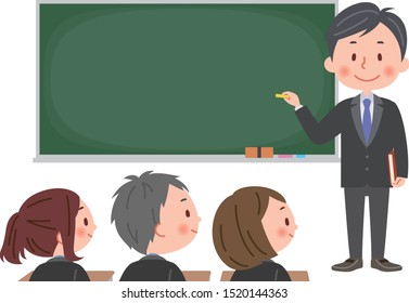 Vector illustration of teacher teaching in front of blackboard.