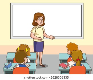 ilustração vetorial de um professor ensinando uma lição aos alunos em uma sala de aula