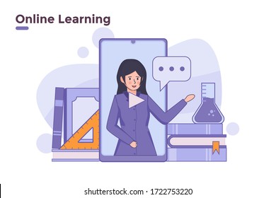 Vector Illustration Teacher Teaching Lessons In Live Video Streaming Online Mobile Application Smartphone Concept. Virtual School Learning Class E-learning. Can Use For Poster Banner Web Site Blog Ui