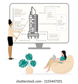 Vector illustration Teacher teaching people. Construction Architecture learning Course Workshop Lecture Development class. Architects Craftsmen Plan Building project Online education Studying remotely