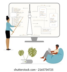 Vector illustration Teacher teaching people. Construction Architecture learning Course Workshop Lecture Development class. Architects Craftsmen Plan Building project Online education Studying remotely