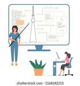 Vector illustration Teacher teaching people. Construction Architecture learning Course Workshop Lecture Development class. Architects Craftsmen Plan Building project Online education Studying remotely