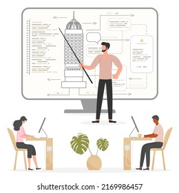 Vector illustration Teacher teaching people. Construction Architecture learning Course Workshop Lecture Development class. Architects Craftsmen Plan Building project Online education Studying remotely