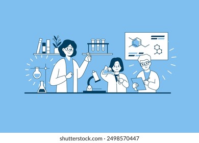 Vector illustration of a teacher and two students dressed in white coats participating in a laboratory experiment. Entertaining learning process in a chemistry lesson. Laboratory supplies