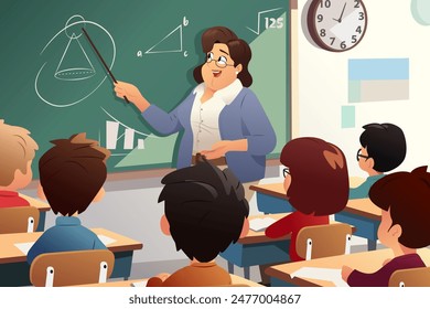 A vector illustration of Teacher Woman Teaching in Classroom School 