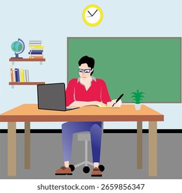 Ilustración vectorial de un profesor trabajando en un escritorio con una computadora portátil y un cuaderno en un entorno de aula