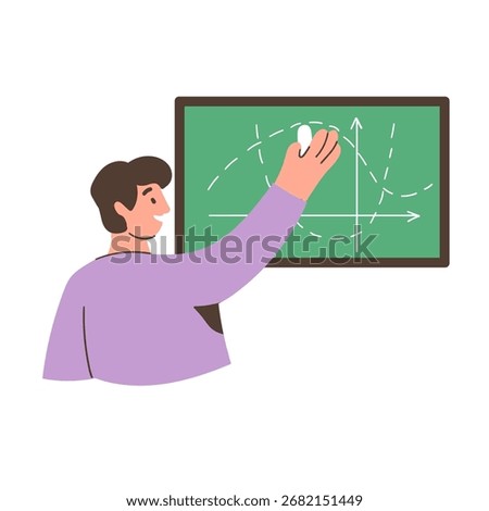 Vector illustration of teacher writing mathematical graph on chalkboard in classroom. Education and learning concept. Flat simple hand drawn doodle design. Back to school banner