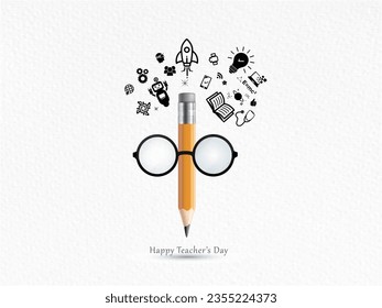 Vector illustration of Teachers day or Greeting card design. Educational symbol icon design with Book, pencil background.